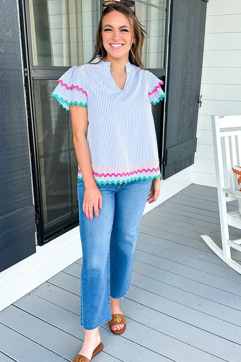 Stripe Ricrac Trim Split Neck Striped Ruffled Sleeve Blouse
